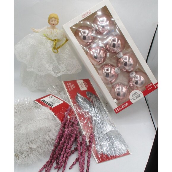 Vtg lot of 42 Pc Tree Trim Decorations Angel Silver Pink Tinsel Garland - Picture 1 of 4